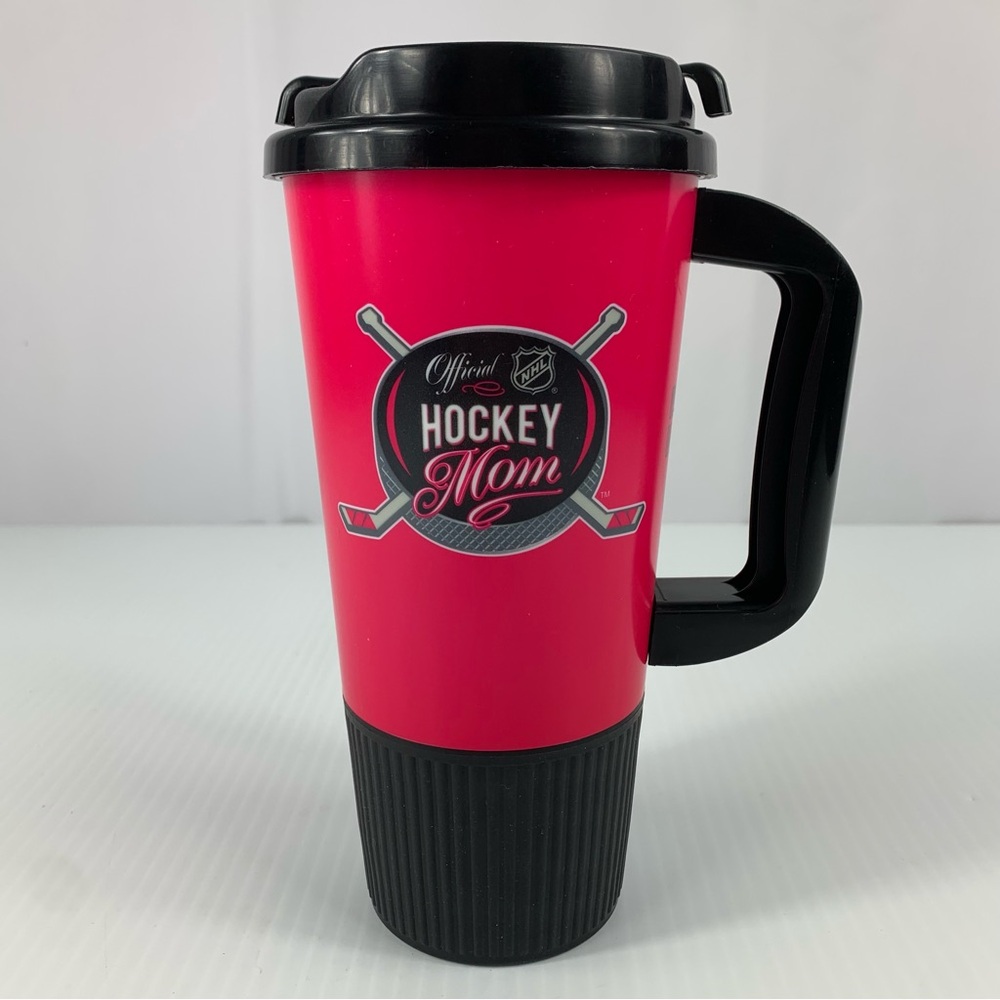 NHL Hockey Mom Pink Black Whirley Travel Mug with Gripper Bottom & Swivel Lid
